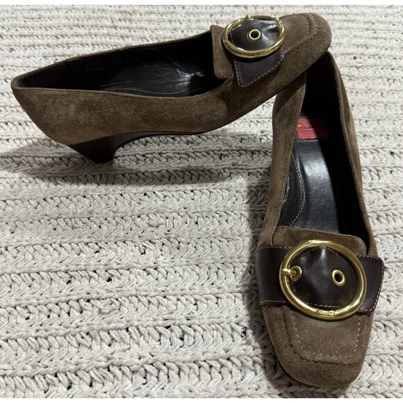 Coach Margaret Loafers Wedge Heel Suede Buckle Womens Size 6 B Brown A3585 Italy - Picture 1 of 11